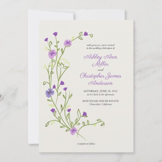 Minimalistische Lila Wildblume All-in-One-Hochzeit Einladung (Vorderseite)