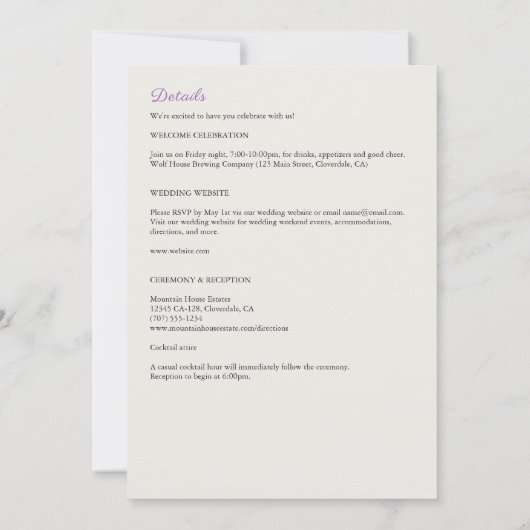 Minimalistische Lila Wildblume All-in-One-Hochzeit Einladung (Rückseite)