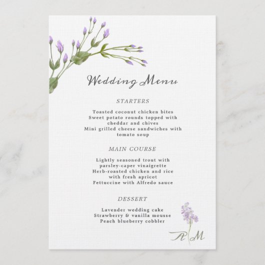 Minimalistische Lilac Floral Menu Wedding Menükarte (Vorderseite)