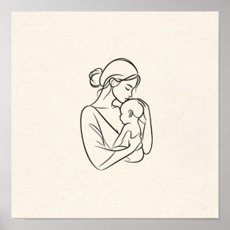 Minimalistische Linie Art der Mama und Baby Poster