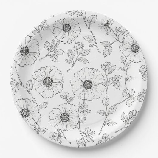 Minimalistische Linienkunst Blumen Nahtloses Muste Pappteller (Vorderseite)