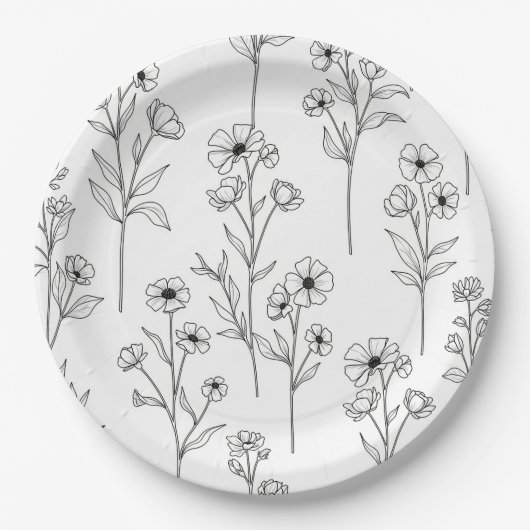 Minimalistische Linienkunst Blumen Nahtloses Muste Pappteller (Vorderseite)