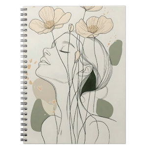 Minimalistische Linienkunst Frau mit Blumen Notizblock