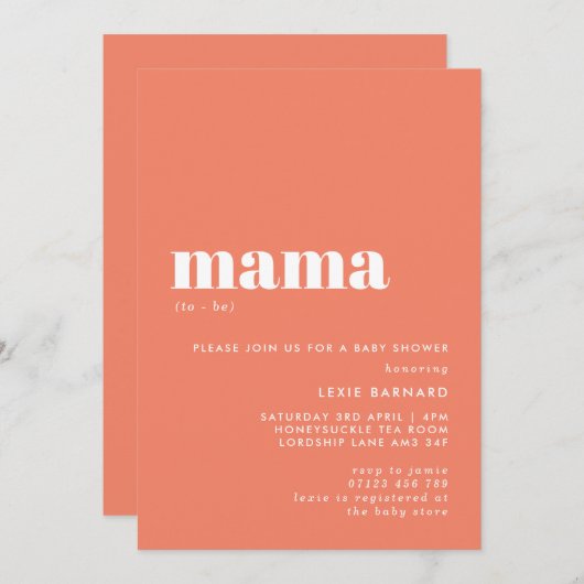 Minimalistische Mama als Lachs Pink Babydusche Einladung (Vorne/Hinten)