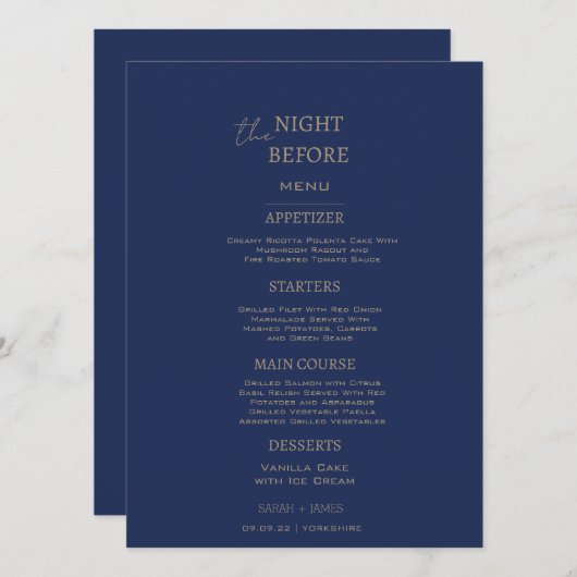 Minimalistische Marine der Nacht vor der Hochzeit Menükarte (Vorne/Hinten)