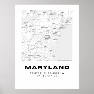 Minimalistische Maryland Map Art - Schwarz und Wei Poster