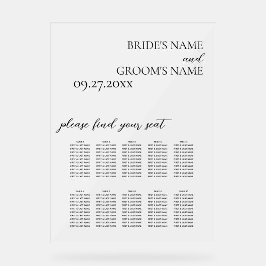 Minimalistische Mattierte Hochzeitstabelle Acrylschild (Vorderseite)