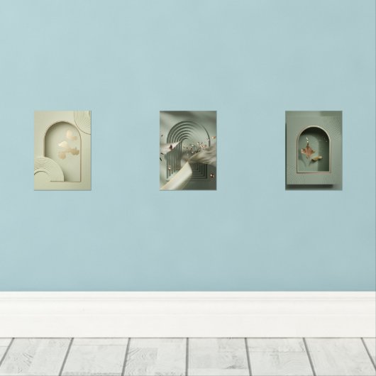 Minimalistische Mauer - Grüne und goldene Fossilie Bilderwand Sets (Holzboden)