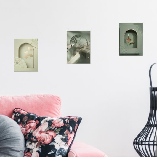 Minimalistische Mauer - Grüne und goldene Fossilie Bilderwand Sets (Wohnzimmer)