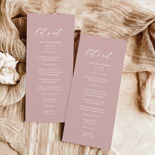 Minimalistische Mauve-Hochzeit Menükarte