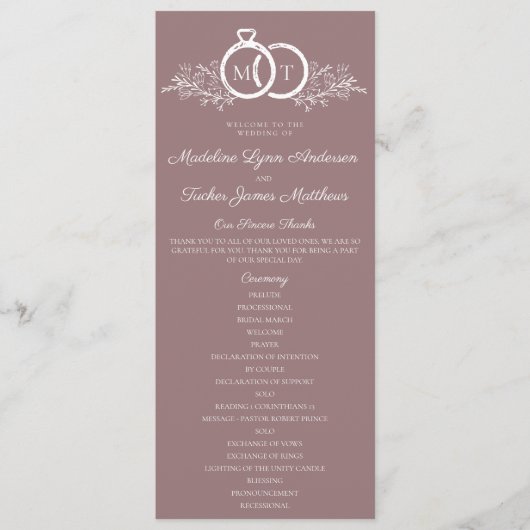 Minimalistische Mauve Wedding Ring Monogram Weddin Programm (Vorderseite)