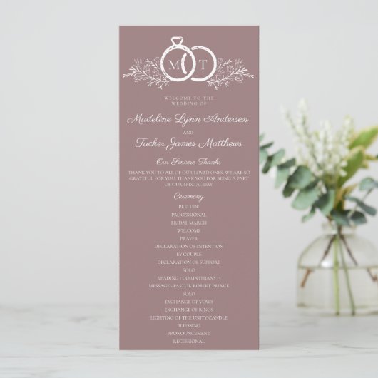 Minimalistische Mauve Wedding Ring Monogram Weddin Programm (Stehend Vorderseite)