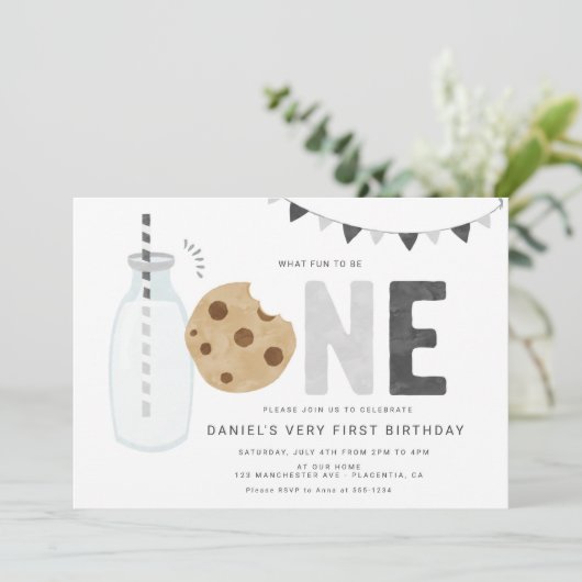 Minimalistische Milch und Cookies Erster Geburtsta Einladung (Stehend Vorderseite)