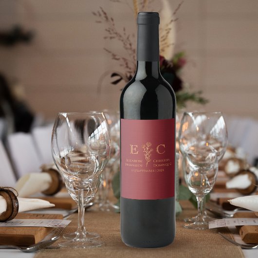 Minimalistische Mit Monogramm Hochzeit mit Blumenr Weinetikett