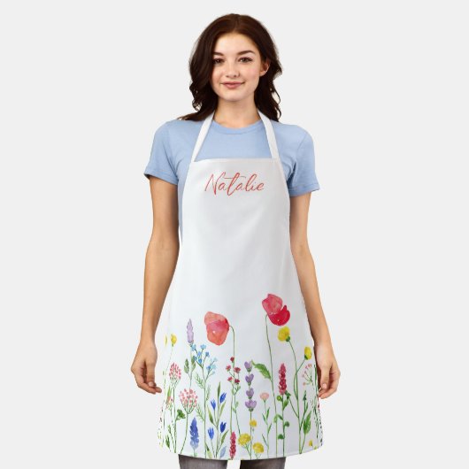 Minimalistische mit Monogramm Wildblumen weiß Schürze (Getragen)