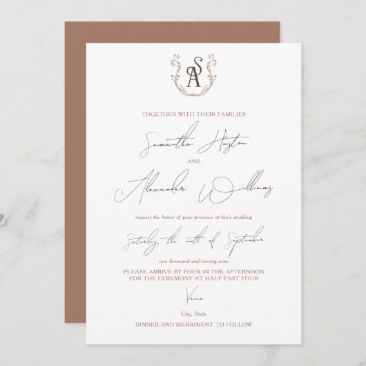 Minimalistische Mocha Mousse Preppy Calligrafy Wed Einladung (Vorne/Hinten)