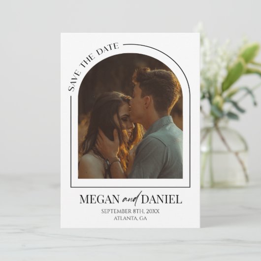 Minimalistische moderne Arch Custom Picture Weddin Save The Date (Stehend Vorderseite)