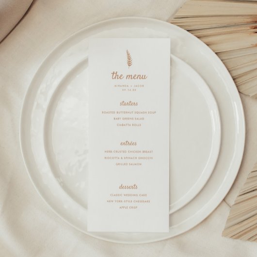 Minimalistische moderne Beige Palm Leaf Hochzeit Menükarte