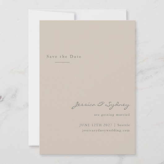 Minimalistische moderne Beige Taupe Skripte Save t Save The Date (Vorderseite)