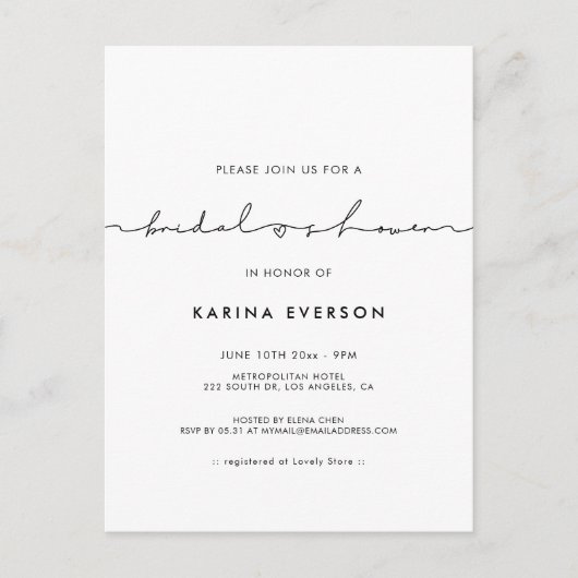 Minimalistische moderne Brautdusche Einladung Postkarte (Vorderseite)