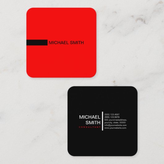Minimalistische Moderne Elegante Rot und Schwarz Quadratische Visitenkarte (Vorne/Hinten)
