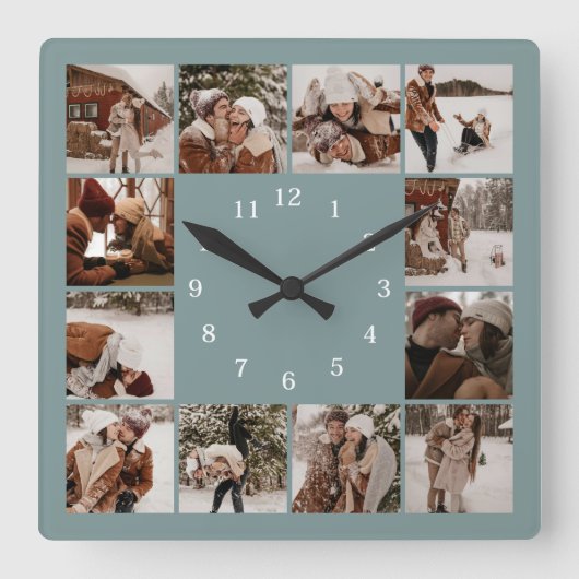 Minimalistische, moderne Familienfoto-Collage Quadratische Wanduhr (Vorderseite)