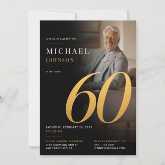 Minimalistische moderne Foto-Schwarz-Gold-60. Gebu Einladung