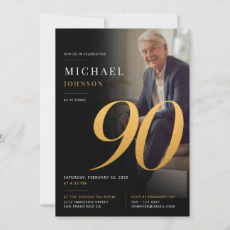 Minimalistische moderne Foto-Schwarz-Gold-90-Gebur Einladung