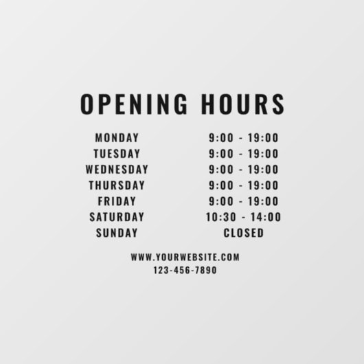 Minimalistische, moderne Geschäftszeiten Schwarz Fensteraufkleber (Blatt)