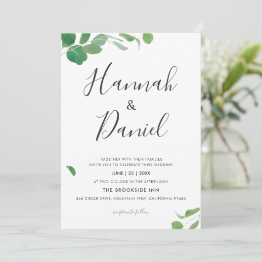 Minimalistische moderne grüne Blätter für maßgesch Einladung (Stehend Vorderseite)