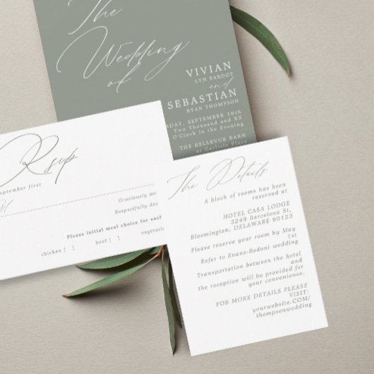 Minimalistische, moderne Grüne Seiten Hochzeitsdet Begleitkarte
