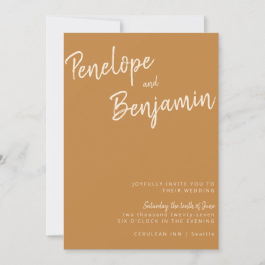 Minimalistische moderne Handschrift Mustard Boho W Einladung (Vorderseite)