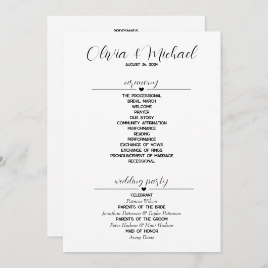 Minimalistische moderne Hochzeit Programm (Vorne/Hinten)