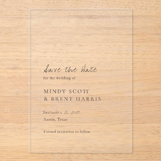 Minimalistische moderne Hochzeit rettet das Datum Acryleinladungen (Vorderseite)