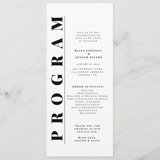 Minimalistische, moderne Hochzeitsprogramme Programm (Vorderseite)