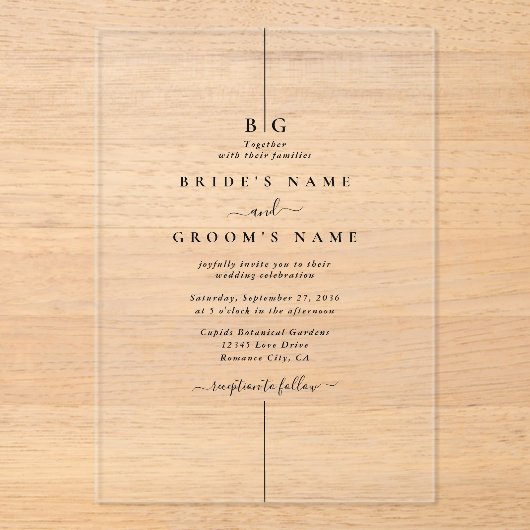 Minimalistische moderne Inline-Monogramm-Hochzeit Acryleinladungen (Vorderseite)