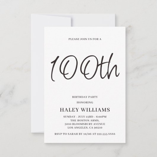Minimalistische moderne Kalligraphie 100. Geburtst Einladung (Vorderseite)