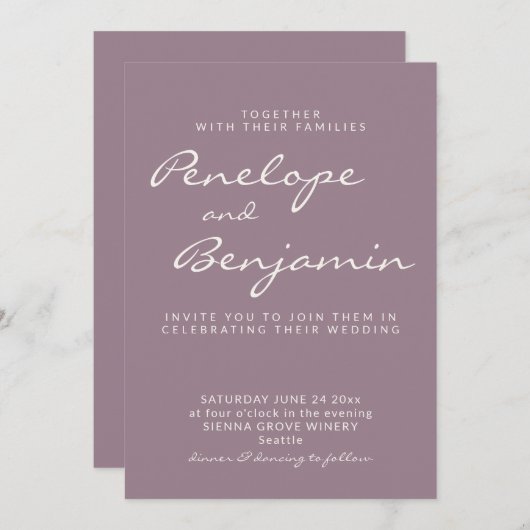Minimalistische moderne, Lila Skripthochzeit Einladung (Vorne/Hinten)