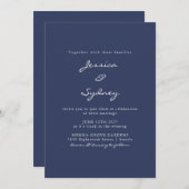 Minimalistische moderne Navy Blue Script Hochzeit Einladung (Vorne/Hinten)