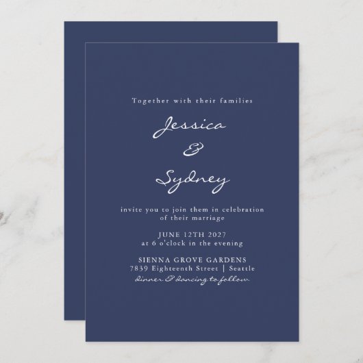 Minimalistische moderne Navy Blue Script Hochzeit Einladung (Vorne/Hinten)