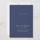 Minimalistische moderne Navy Blue Script Hochzeit Save The Date (Vorderseite)