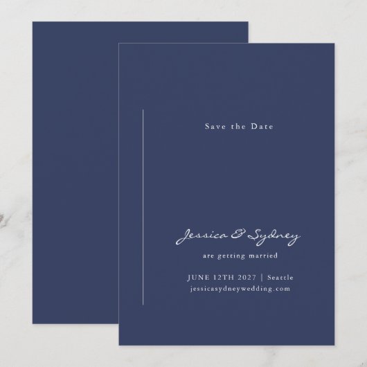 Minimalistische moderne Navy Blue Script Hochzeit Save The Date (Vorne/Hinten)