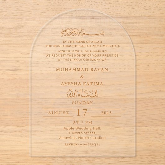 Minimalistische moderne Nikkah-Islamische Hochzeit Acryleinladungen (Vorderseite)