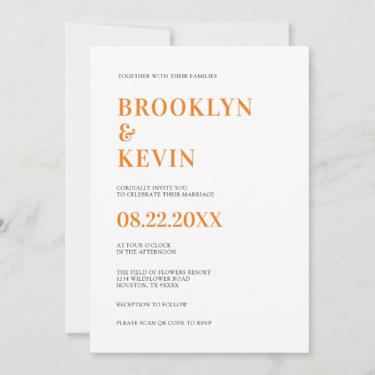 Minimalistische moderne Orangenhochzeit | QR-Code Einladung (Vorderseite)