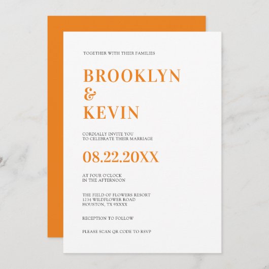 Minimalistische moderne Orangenhochzeit | QR-Code Einladung (Vorne/Hinten)