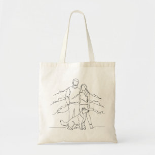 Minimalistische moderne Paar-mit-Hund-Linienkunstz Tragetasche
