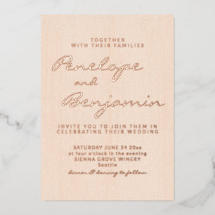 Minimalistische moderne Peach Script Hochzeit Rose Folieneinladung