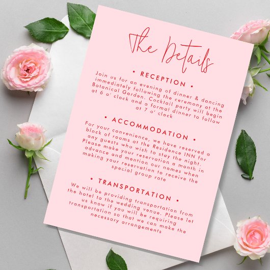 Minimalistische, moderne rosa Hochzeitdetails Begleitkarte