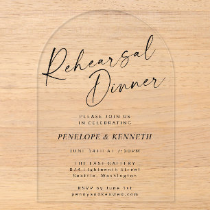 Minimalistische moderne Schriftzug-Bogen-Probeesse Acryleinladungen