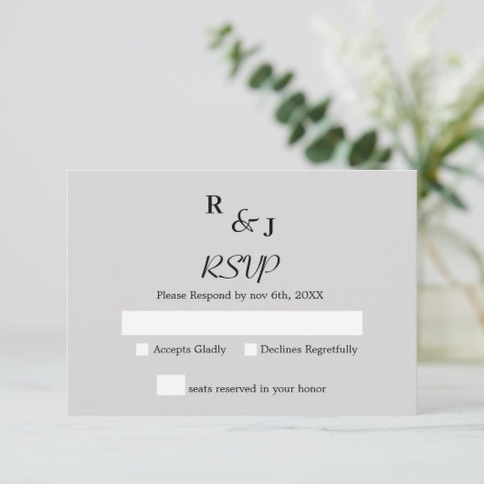 Minimalistische, moderne Schwarz-Creme-Hochzeit RSVP Karte (Stehend Vorderseite)